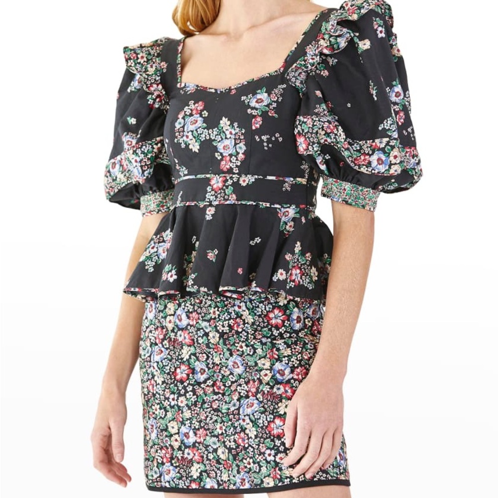 Hunter Bell black and Floral Puff Sleeve peplum Blayne Top